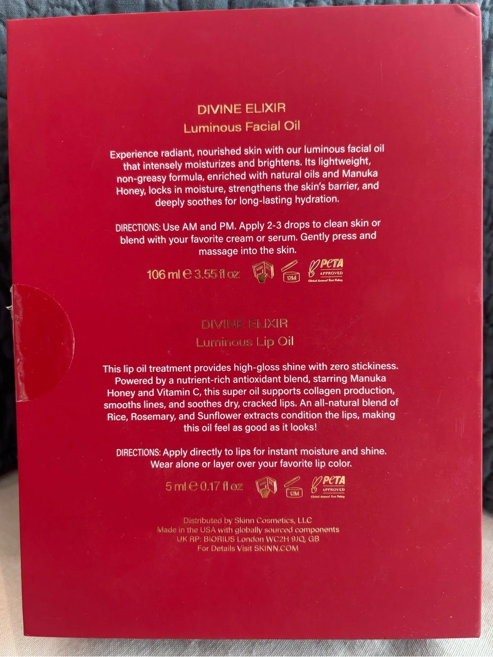 Skinn Divine Elixir Manuka Honey Facial Oil & Lip Oil Gift Set New